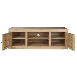 Meuble tv bas en chêne massif Victoria avec portes ouvertes