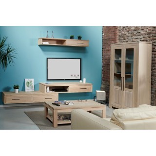 Meuble TV suspendu en bois massif : Deux tiroirs | Hellin