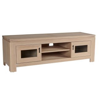 Meuble TV bas en chêne blanchi : 2 portes et niches | Hellin
