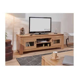 Meuble TV bas en bois clair : 2 portes et 2 niches | Hellin