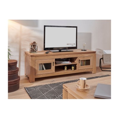 Meuble TV bas en bois clair : 2 portes et 2 niches | Hellin