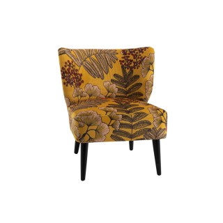 Fauteuil cocktail en tissu aspect velours à motifs feuilles jaune moutarde et pieds noirs