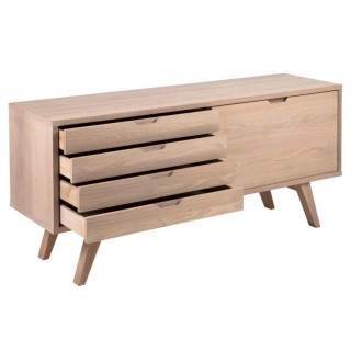 Buffet bas scandinave en chêne blanchi 4 tiroirs 1 porte coulissante ALISIA - HELLIN