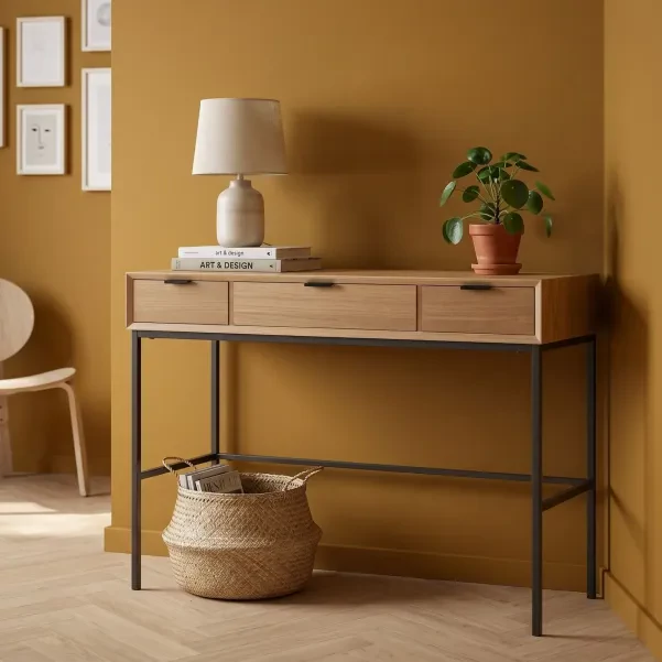 Console en bois naturel et métal noir avec 3 tiroirs ESTER - HELLIN