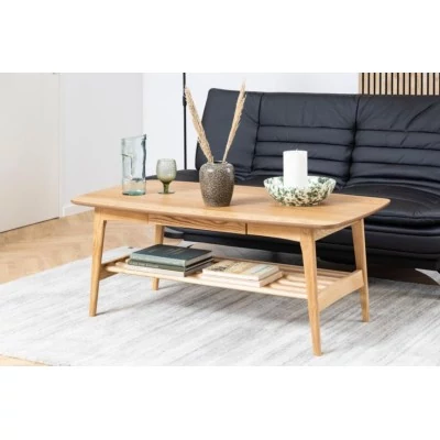 Table basse scandinave rectangulaire en bois massif avec rangement - ELEA
