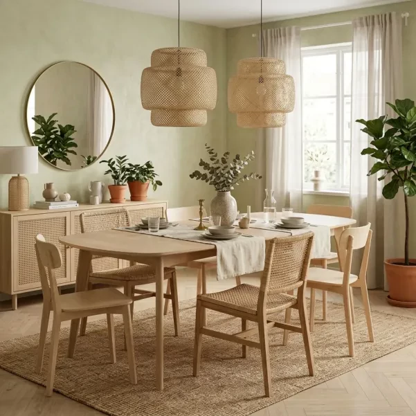 Table à manger ovale en bois blanchi avec 2 allonges L180/270 MARTINE - HELLIN