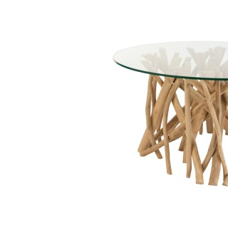 Table basse de salon ronde en branches de teck et verre D80 cm CHAM - HELLIN