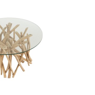 Table basse de salon ronde en branches de teck et verre D80 cm CHAM - HELLIN