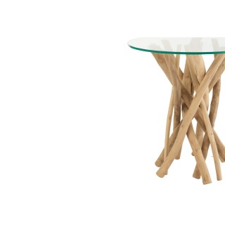 Bout de canapé rond en branches de teck et verre D50 cm CHAM - HELLIN