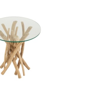 Bout de canapé rond en branches de teck et verre D50 cm CHAM - HELLIN