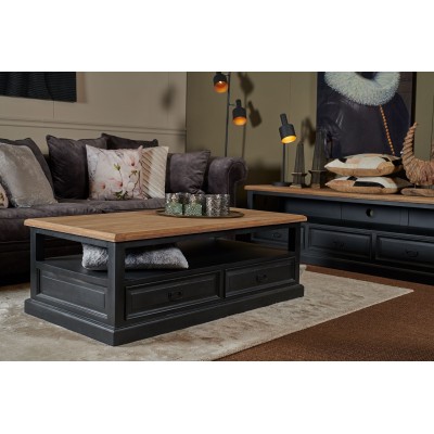 Table basse de salon en bois massif et teck recyclé avec rangements