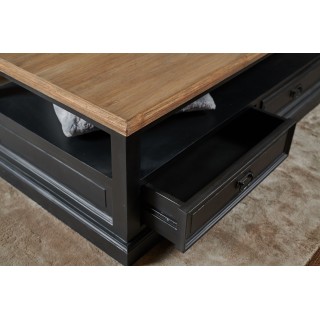 Table basse de salon en bois massif et teck recyclé avec rangements