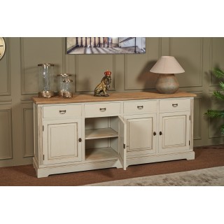 Long buffet bas en bois clair : 4 tiroirs et placards | Hellin