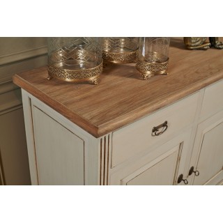 Long buffet bas en bois clair : 4 tiroirs et placards | Hellin