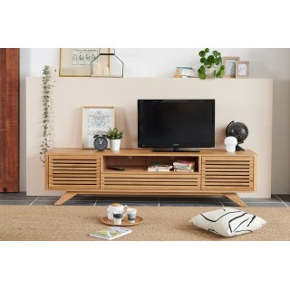 Meuble tv en bois clair moderne et aux portes ajourées  - Hellin