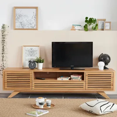 Meuble tv en bois clair moderne et aux portes ajourées  - Hellin