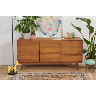 Buffet bas vintage : 2 portes et 3 tiroirs / Bois massif | Hellin