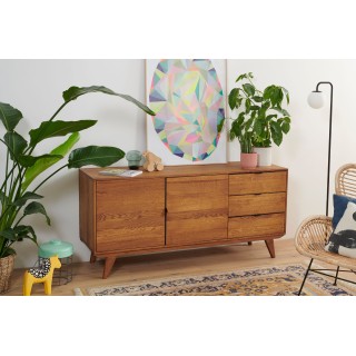 Buffet bas vintage : 2 portes et 3 tiroirs / Bois massif | Hellin