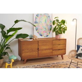 Buffet bas vintage : 2 portes et 3 tiroirs / Bois massif | Hellin