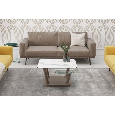 EXPO Table basse carrée 4 plateaux en verre et céramique marbrée et pieds taupe QUALITZ - HELLIN