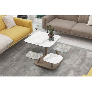 EXPO Table basse carrée 4 plateaux en verre et céramique marbrée et pieds taupe QUALITZ - HELLIN