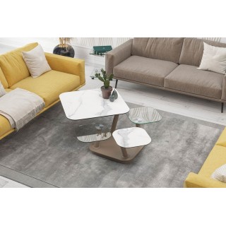 EXPO Table basse carrée 4 plateaux en verre et céramique marbrée et pieds taupe QUALITZ - HELLIN