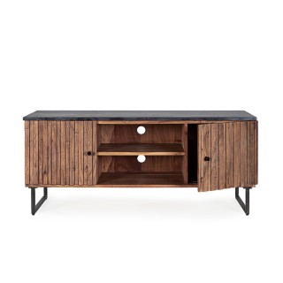 Meuble TV en bois d'acacia et marbre noir 2 portes 2 niches L130 VIRGINIE - HELLIN