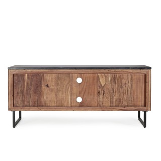 Meuble TV en bois d'acacia et marbre noir 2 portes 2 niches L130 VIRGINIE - HELLIN