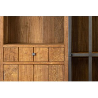 Vitrine en bois recyclé et métal 2 portes 2 tiroirs 2 niches ouverte - HELLIN