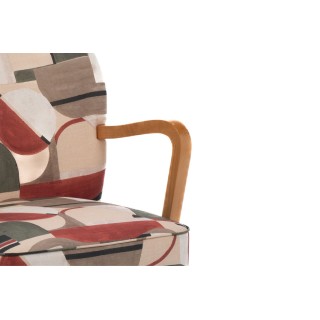 Fauteuil rétro en tissu motifs géométriques et accoudoirs en bois HONEY - HELLIN