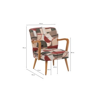 Fauteuil rétro en tissu motifs géométriques et accoudoirs en bois HONEY - HELLIN