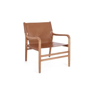 Fauteuil lounge à accoudoirs en bois teck et cuir pleine fleur LIAM - HELLIN