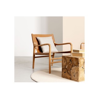 Fauteuil lounge à accoudoirs en bois teck et cuir pleine fleur LIAM - HELLIN
