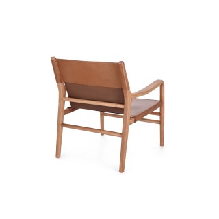 Fauteuil lounge à accoudoirs en bois teck et cuir pleine fleur LIAM - HELLIN