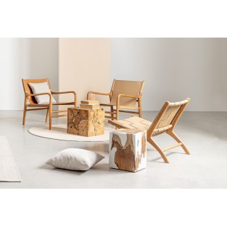 Fauteuil lounge à accoudoirs en bois teck et cuir pleine fleur LIAM - HELLIN