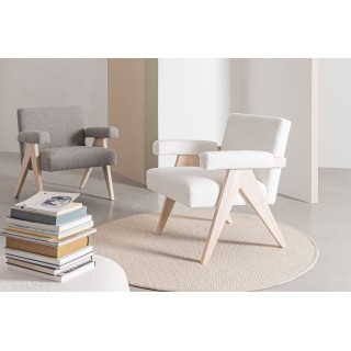 Fauteuil bouclette à accoudoirs et bois naturel - ZAIA
