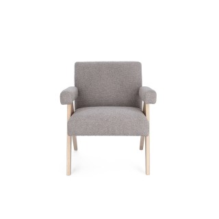 Fauteuil bouclette à accoudoirs et bois naturel - ZAIA
