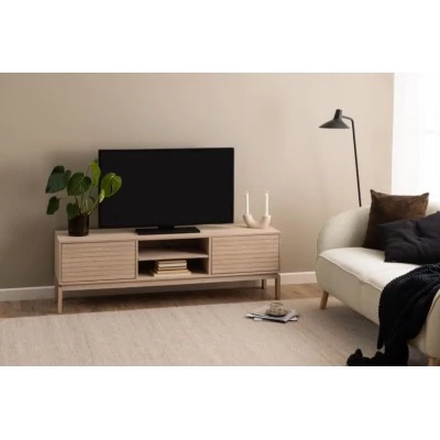 Meuble TV bas en chêne blanchi 2 portes 2 niches L160 - HELLIN