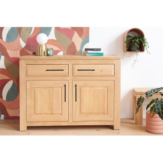 Petit buffet bas en chêne clair : 2 tiroirs et 2 portes | Hellin