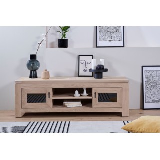 Meuble TV bas en chêne blanchi : 2 portes et niches | Hellin