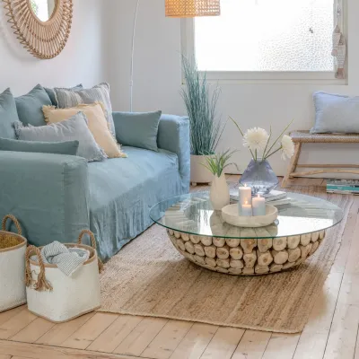 Table basse ronde en verre et teck naturel D110 - HELLIN