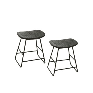 Tabouret rectangulaire en teck recyclé brossé et en métal (lot de 2) -HELLIN