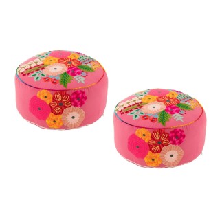 Pouf rond en tissu aux broderies florales (lot de 2) - HELLIN