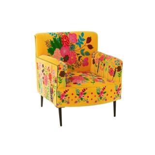 Fauteuil en tissu jaune aux broderies florales colorés - HELLIN