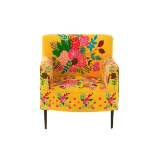 Fauteuil en tissu jaune aux broderies florales colorés - HELLIN