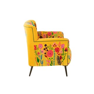 Fauteuil en tissu jaune aux broderies florales colorés - HELLIN