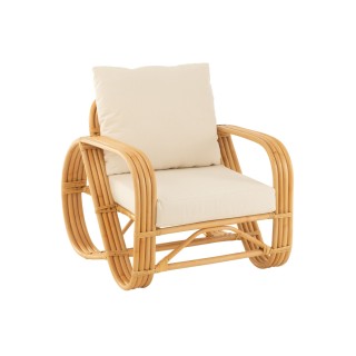 Fauteuil vintage en rotin naturel et coussins en tissu écru - HELLIN