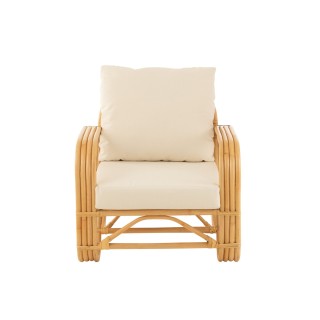 Fauteuil vintage en rotin naturel et coussins en tissu écru - HELLIN