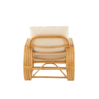 Fauteuil vintage en rotin naturel et coussins en tissu écru - HELLIN