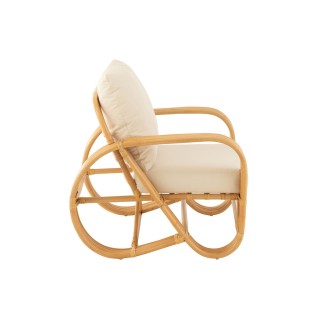 Fauteuil vintage en rotin naturel et coussins en tissu écru - HELLIN